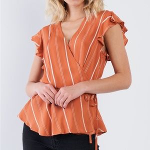 NWT Orange Stripe Wrap Peplum Flounce V-Neck Top
